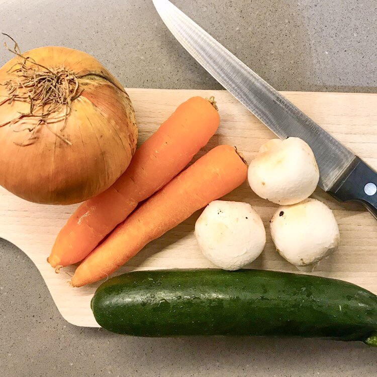 Roasted vegetable prep: onion, carrot, mushrooms, courgette