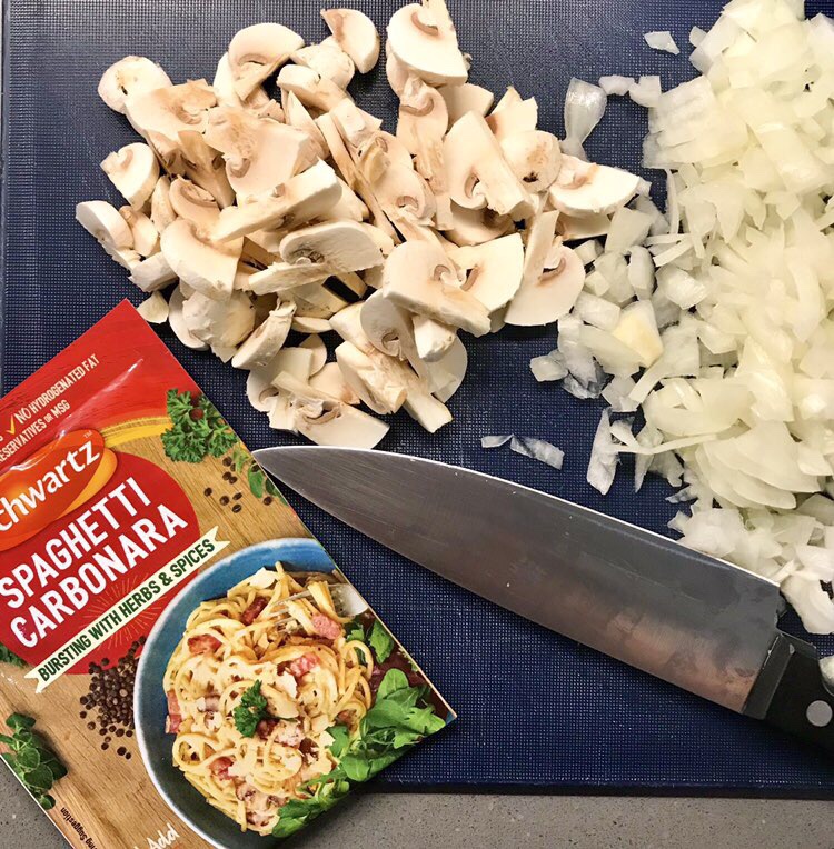 Schwartz spaghetti carbonara; chopped onion and mushrooms.